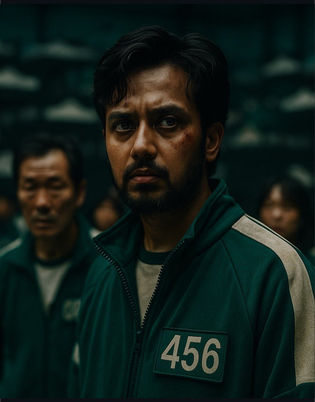 Green Tracksuit Survival Game Scene AI image prompt