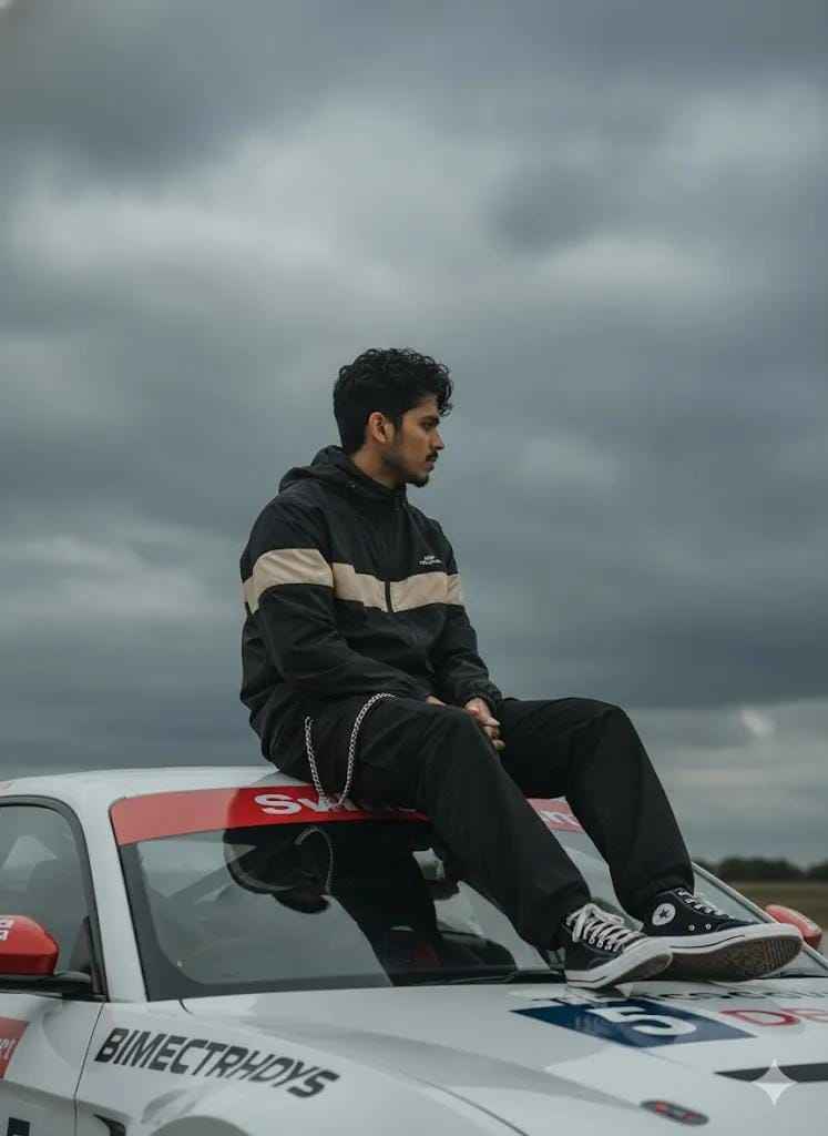 Sitting on a Race Car Roof AI image prompt