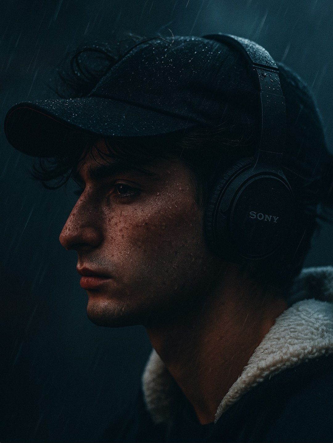 Rain-Soaked Street Portrait AI image prompt