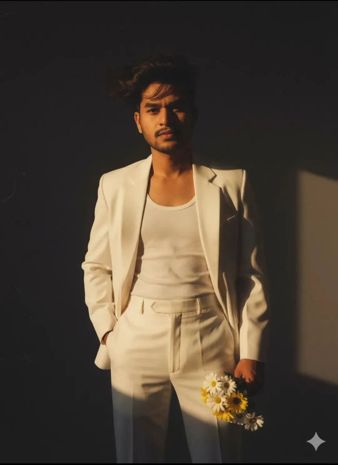 Retro White Suit Portrait AI image prompt