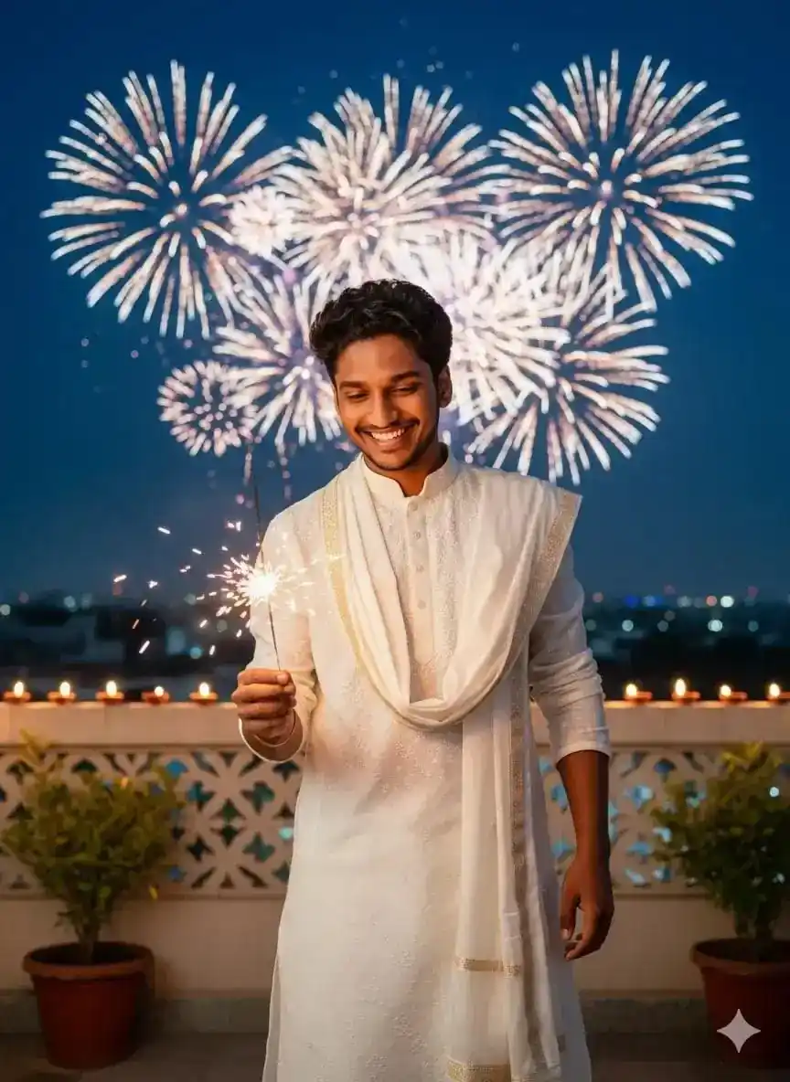 White Kurta Rooftop Diwali AI image prompt