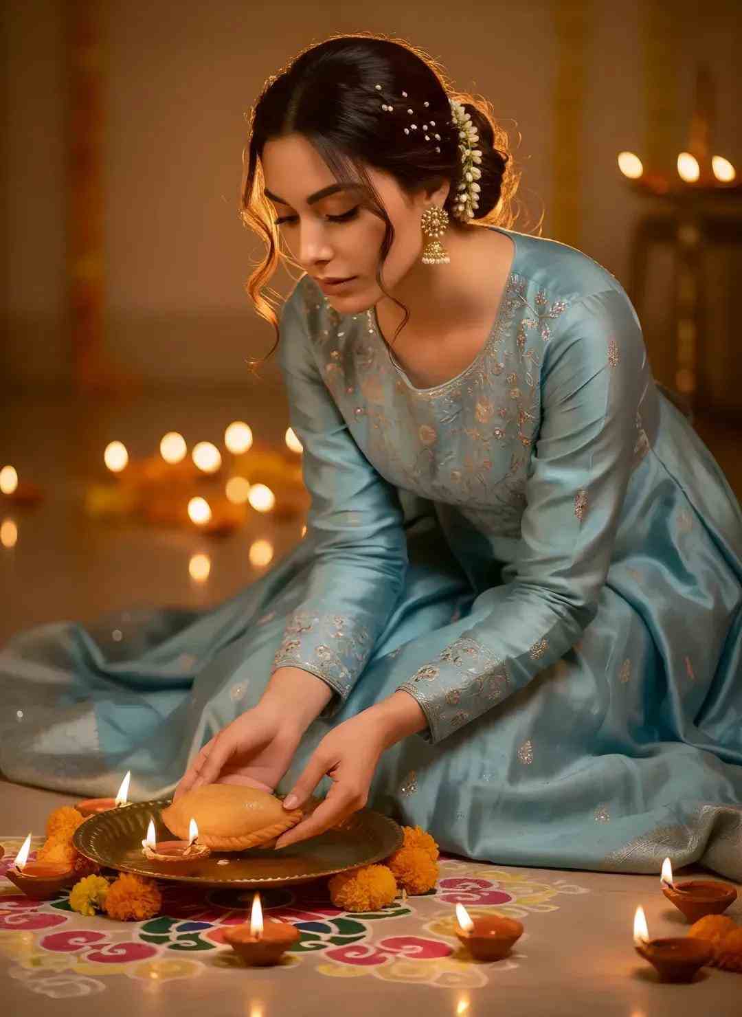 Anarkali Diya Marigold Portrait AI image prompt