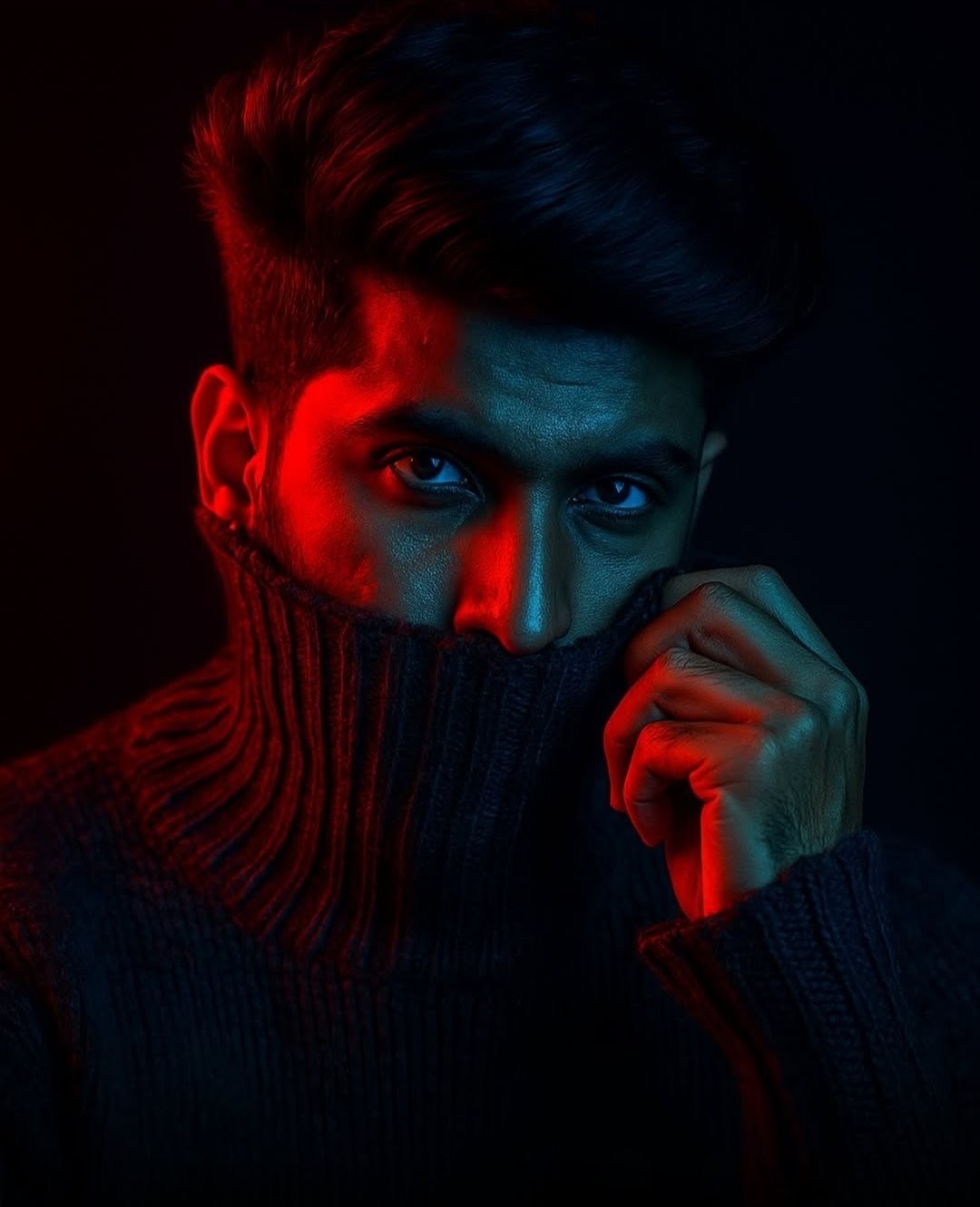 Neon Lit Moody Studio Portrait AI image prompt