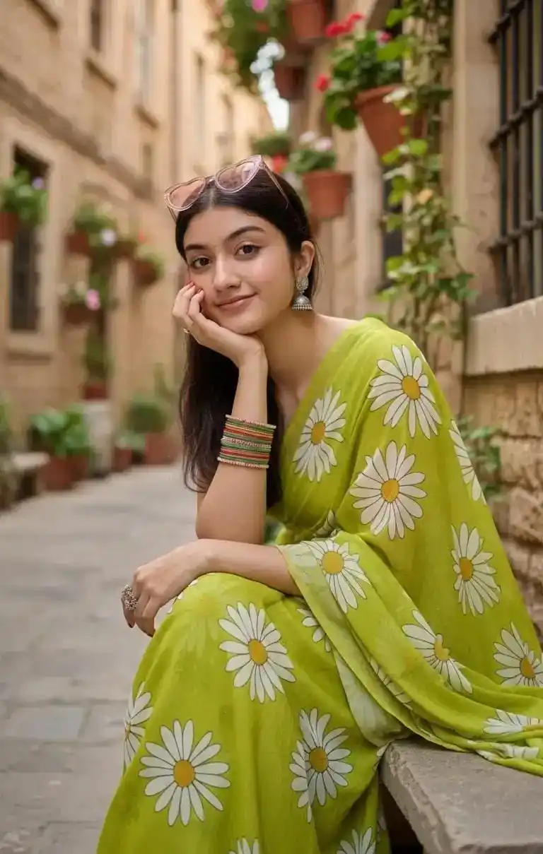 Lime Green Saree with Daisies AI image prompt