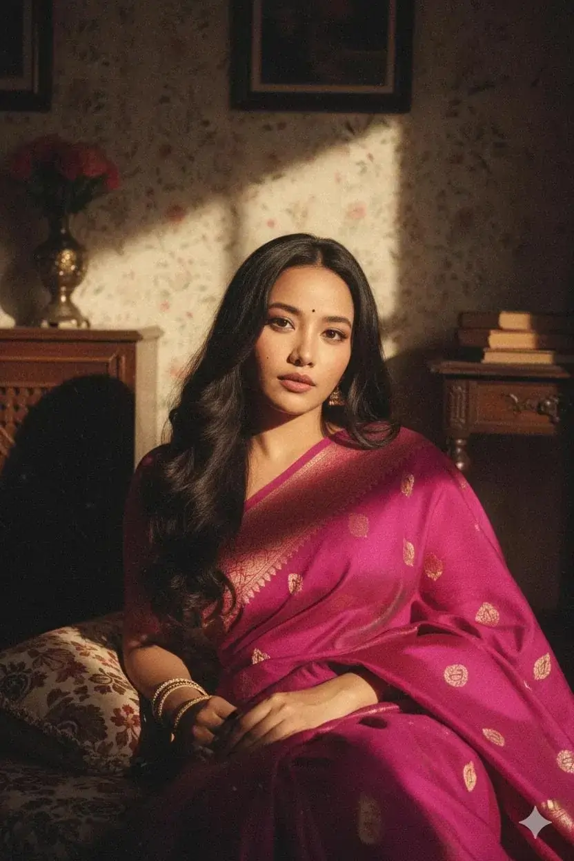 Grainy Vintage Saree Portrait AI image prompt
