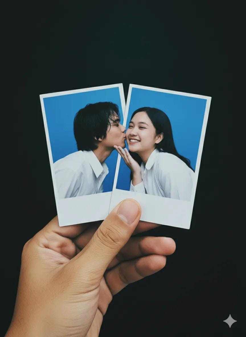 Blue Backdrop Couple Polaroid AI image prompt